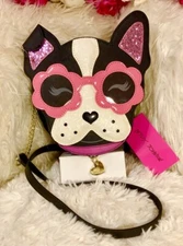 BETSEY JOHNSON "Puppy In Sunglasses" XOPUP Crossbody Bag W/Pink Glitter Accents