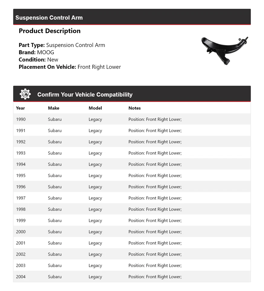 Brazo de control de suspensión delantero derecho inferior MOOG 1990-2004 para Subaru Legacy Foto 2 de 3
