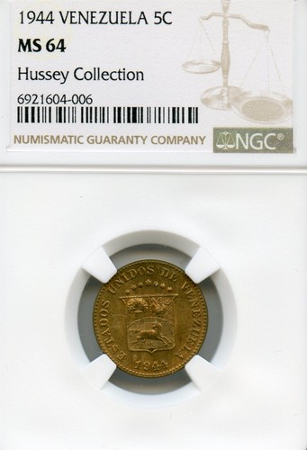 VENEZUELA 5 CENTIMOS BRASS PUYA 1944 MS-64 NGC CHOICE WWII ERA RARE DENVER MINT