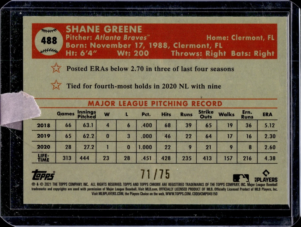 2021 Topps Chrome Plat Anniv. #488 Shane Greene 70th Anniv Mini-Dmnd Ref #/70 - Image 2 of 2