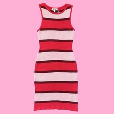 Ribbed knit tank dress in bold candy stripes of red, blush, and maroon.