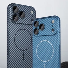 For iPhone 17 Pro Max 16 15 14 13 12 Slim Mag Safe Case Carbon Fiber Texture