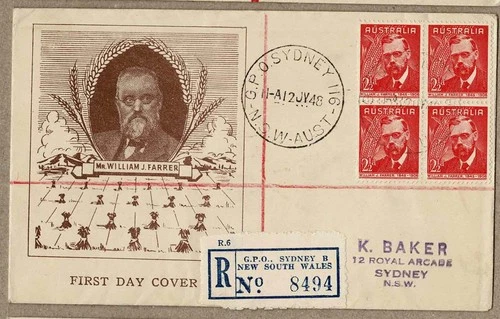 Australia 1948 Haslem No Date Farrer Block 4 to Ken Baker Registered FDC Cover