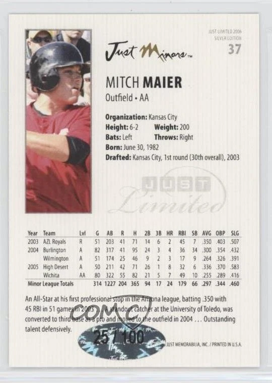 2006 Just Minors Just Limited Auto Silver /100 Mitch Maier #37 Auto - Image 2 of 2