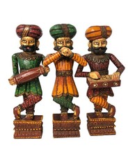 Vintage Indian Polychrome Wood RAJASTHANI Musician Statue Set (3) Ex-Large 24”