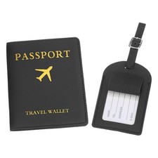 Set of Leather Passport Cover Holder and Luggage Tag, Black