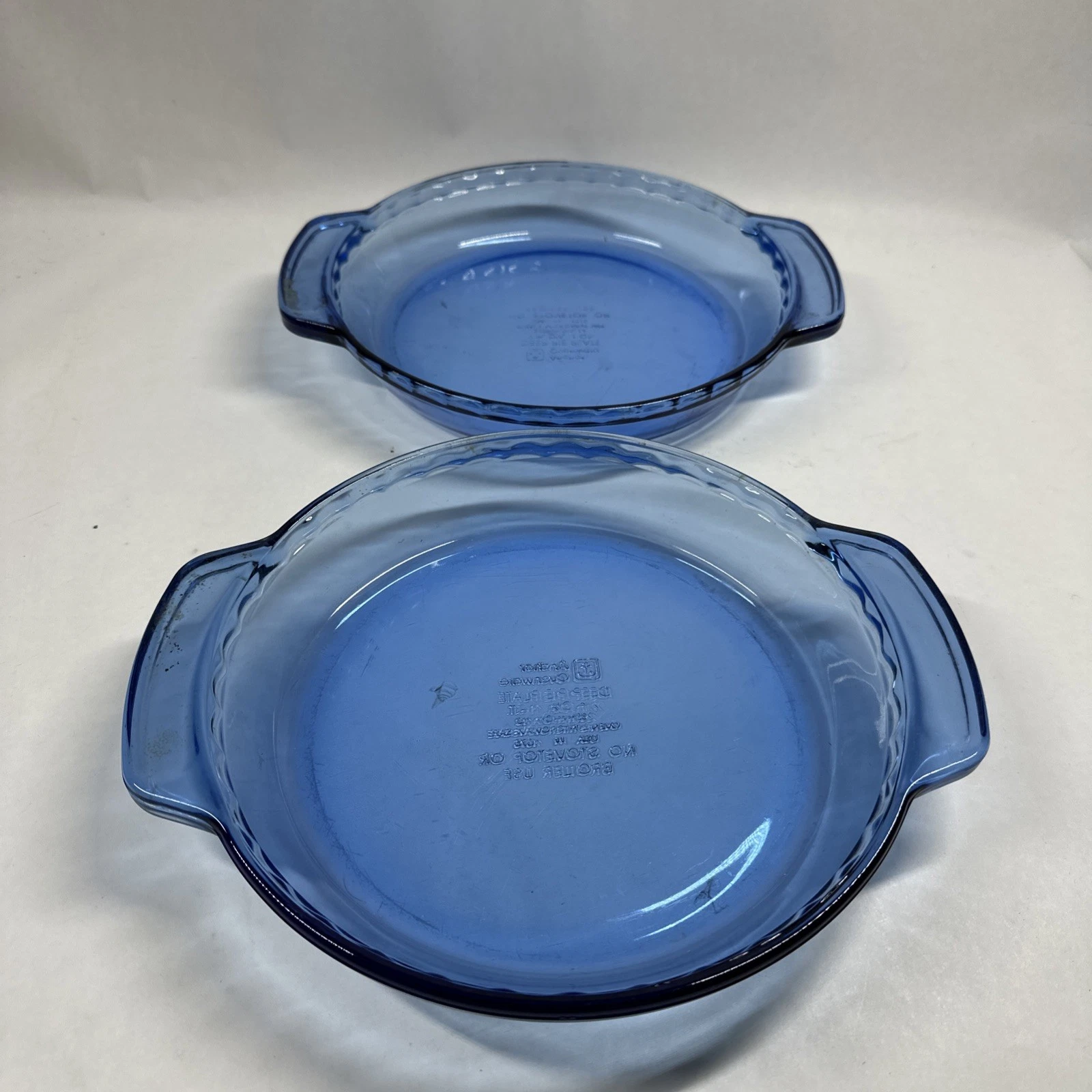 Anchor Ovenware Cobalt Blue 9" Deep Dish Pie Plate 1 QT w/ Handles 1075 Set Of 2