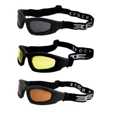 3 Pairs Epoch Black Padded Motorcycle Goggles Smoke Yellow and Amber Lenses