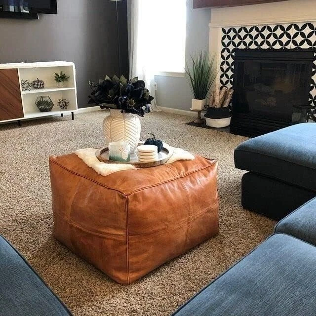 Footstool Unstuffed Boho 20'' Footrest Leather New Pouffe Moroccan Comfertable - Image 4 of 4