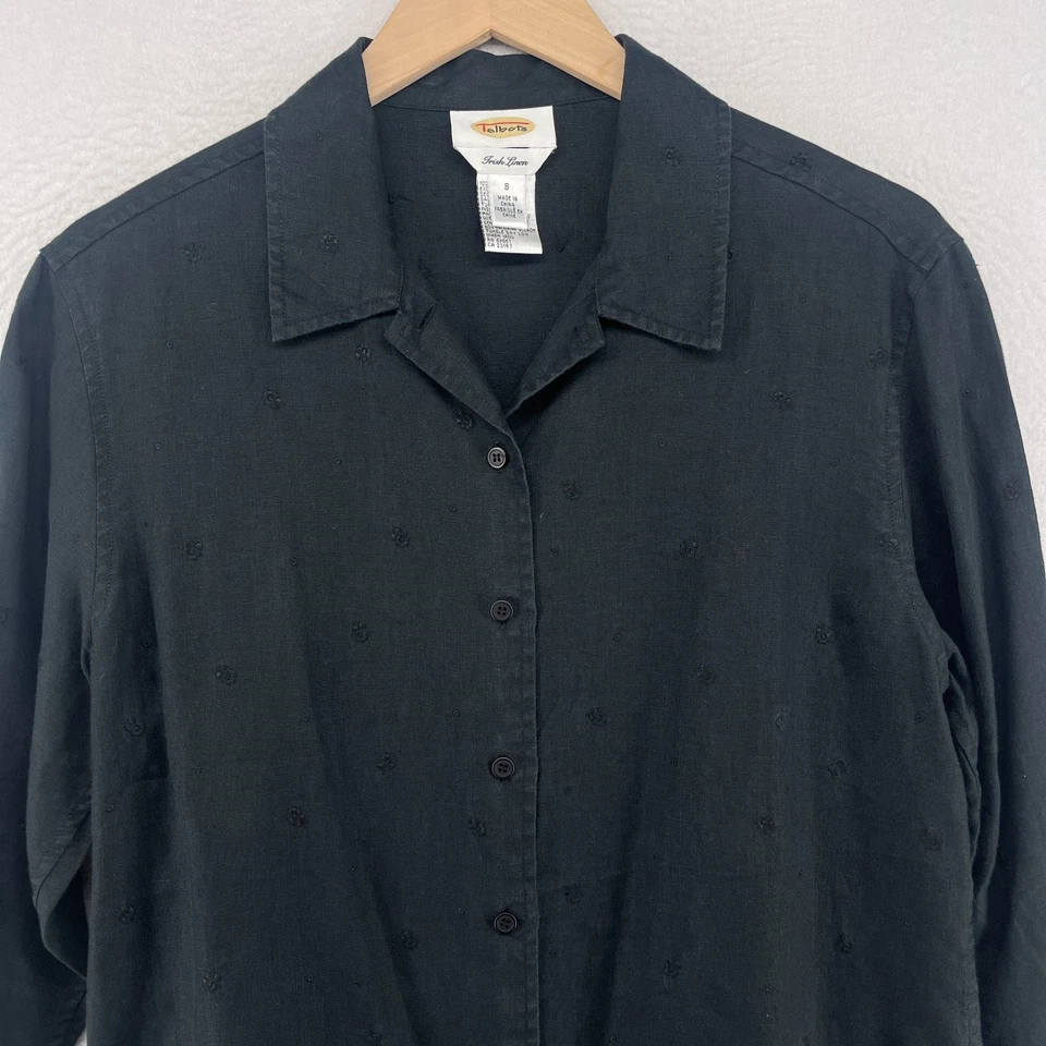 TALBOTS Top S Irish Linen Floral Eyelet Shirt Button Up 3/4 Sleeve Woven Black - Image 3 of 4
