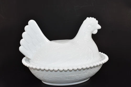 Vintage Milk Slag Glass White Hen on Nest Covered Candy Dish Indiana Glass Co