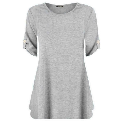 Women Short Turn Up Sleeves Plus Sizes Button Ladies Flared Swing Dress Long Top - Picture 3 of 18
