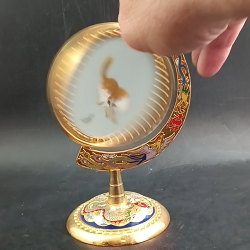 Suzhou Chinese Silk Embroidered Cat/Bug Cloisonné Enamel Metal Spin Stand, OBO - Video 1 of 1