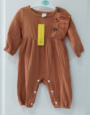 Baby Mädchen 0-3 Monate brauner Waffelstrampler 100 % Baumwolle Spielanzug elastische Manschetten