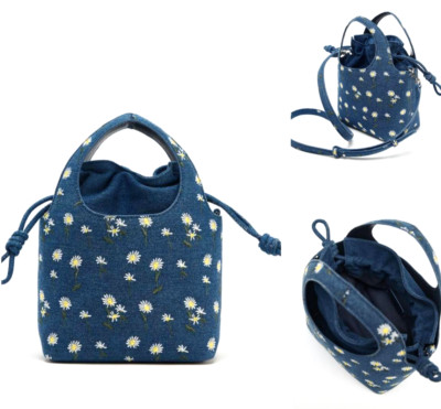 Zara Denim Daisy Bucket Bag 6887/510/417 Drawstring Closure