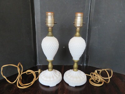 Milk Glass Table Side Lamps Pair Mid-Century Modern Hobnail Lights