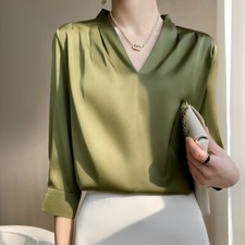 Women's Elegant Silk Satin V-Neck Tops Shirt Long Sleeve Business Blouses Shirts