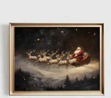 Santa Claus Art Print | Christmas PRINTABLE Wall Art | Sleigh & Reindeers