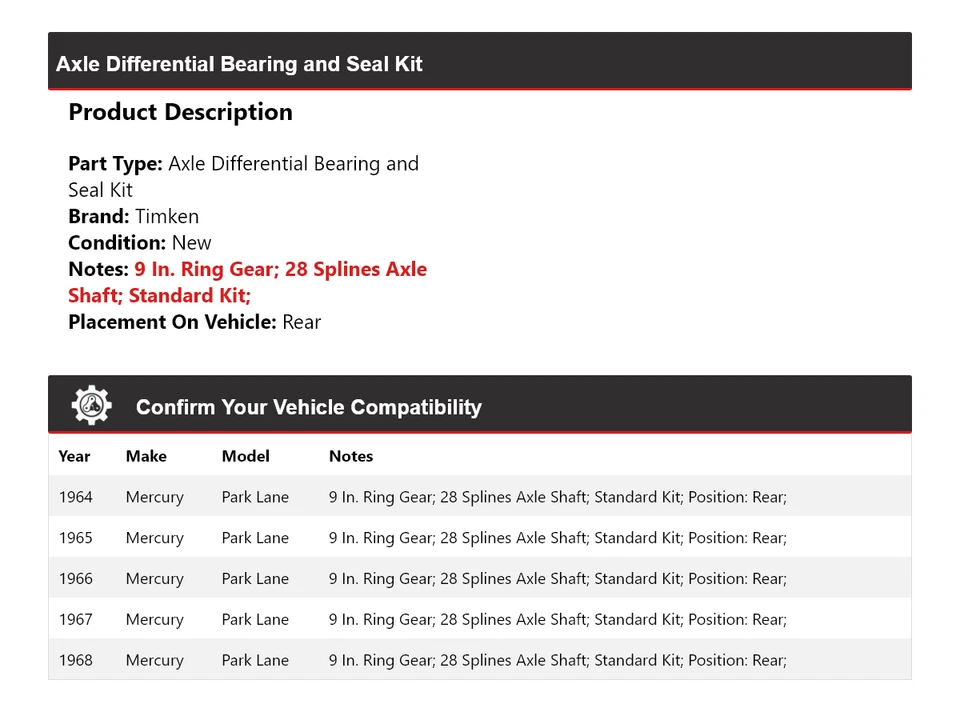 适用于 1964 - 68 Mercury Park Lane 轴差速轴承和密封套件 后铁姆肯公司 — 第 2/3 张图片