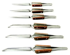 Set of 6 Cross Lock Fiber Grip Tweezers Self Closing 6-1/2" Bent & Straight Tip