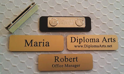 CUSTOM ENGRAVED Custom Name Tags 2.5"x0.75" Gold -Black letters Corners Rounded w/ magnet