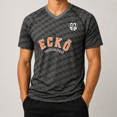Ecko Unltd. T-Shirt Herren L Anthrazit Schwarz Allover Logo Vintage Y2K
