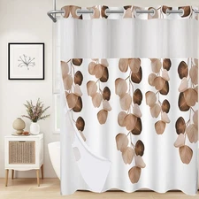 No Hook Shower Curtain with Snap in Liner and Mesh Window, Brown Eucalyptus L...