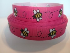 Grosgrain Ribbon Bumble Bees on Pink Buzz Flying Insects Garden Bugs Sting, 1"