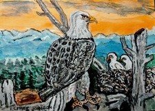 Vintage 90s Outsider African American Folk Art Eagle Eaglets Birds Painting