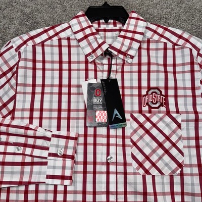 Ohio State Buckeyes Antigua Tending Shirt Mens Plaid Red Grey White Small NEW