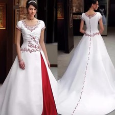 Vintage White Red Wedding Dresses Short Sleeves Satin Embroidery Bridal Gowns