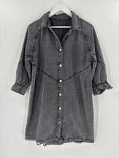 Denim Shirt Dress Womens Medium Black 3/4 Sleeves Pleated Button Front Ruffles