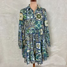 Sezane Momoni Himelda Mosaic Blue Green Floral Long Sleeve Shirtdress EU 36 US S