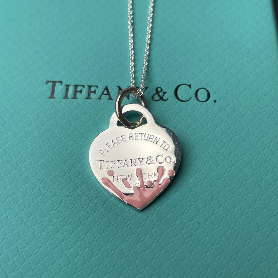 Collar Colgante Corazón Retorno Esmalte Salpicaduras Rosa Plata Tiffany Foto 2 de 4