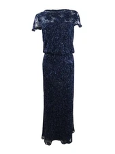 JS Collections Women's Sequin Lace Blouson Gown (4, Navy)