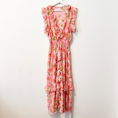 Misa Los Angeles Kidada Floral Ruffle Smocked Midi Dress Pink Party Boho Large