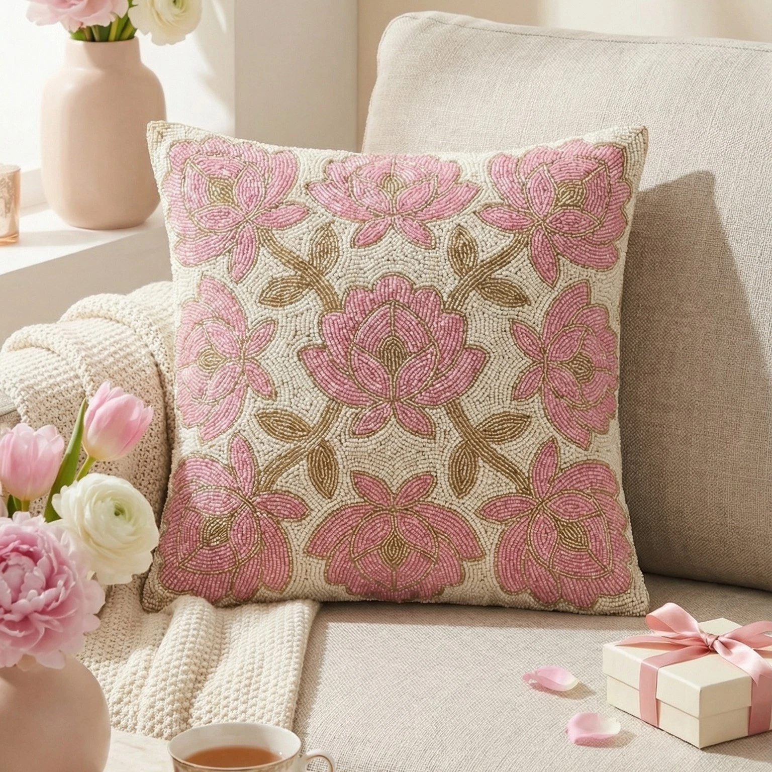 Luxury Beaded Floral Pillow Cover Pink Lotus Throw Cushion Case 16x16 18x18