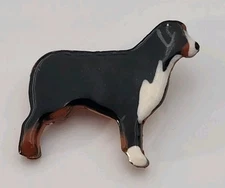 Vintage hand painted glazed clay Bernese Mountain Dog Brooch pin