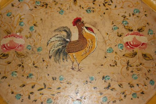 Vtg Hand Painted Yellow Chicken Rooster Tray w Handles! 11 1/2" x 16" Cheerful! - Picture 2 of 5