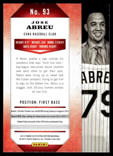 2013 Panini Elite Extra Edition Jose Abreu Chicago White Sox #93 R85 - Picture 2 of 2