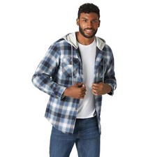 Wrangler Mens Quilted Lined Flannel Shirt Jacket w/ Hood  Blue/Black  Medium