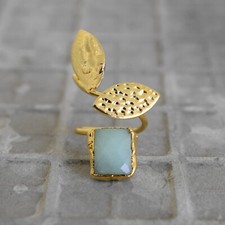 Chalcedony Faceted Gemstone Leaf Style Fashionable Designer Women's Ring Jewelry