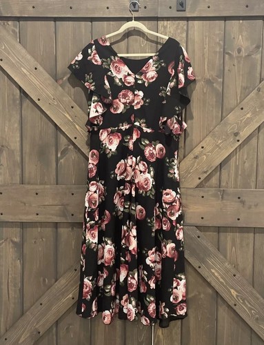 Suzanne Betro Black with Floral Roses Short Sleeves Maxi Dress Size 1X - Bild 3 von 11