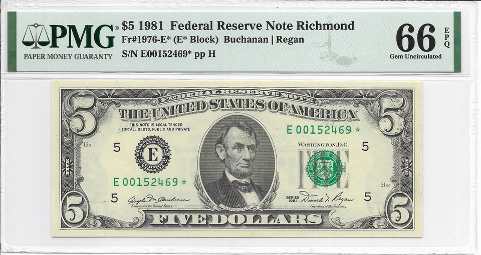 1981 $5 RICHMOND * STAR * ⭐️ FRN. PMG GEM Uncirculated 66 EPQ Banknote. - Image 2 of 3