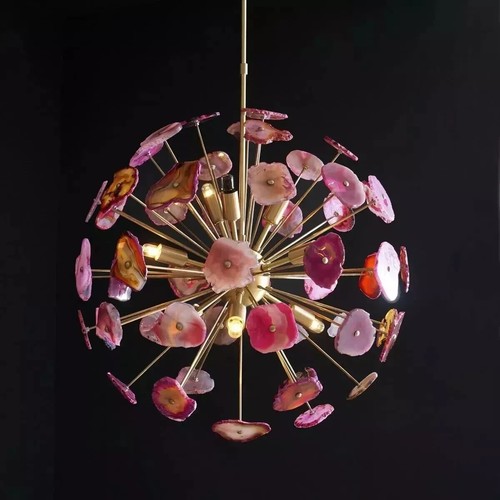 MID CENTURY PINK AGATE STONE URCHIN SPUTNIK CHANDELIER MODERN NATURAL STONE LAMP - Picture 3 of 3