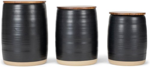Set 3 Bidoni Cucina Nat & Jules Nero con Coperchio 6 Pollici Ceramica e Legno - Foto 2 di 7