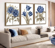 Large Framed Wall Art - Natural Float Framed Rustic Indigo Flowers Canvas Pic...
