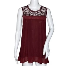 Doe & Rae Shirt Womens Medium Burgundy Red Sheer Lace Yoke Flowy Boho Peasant