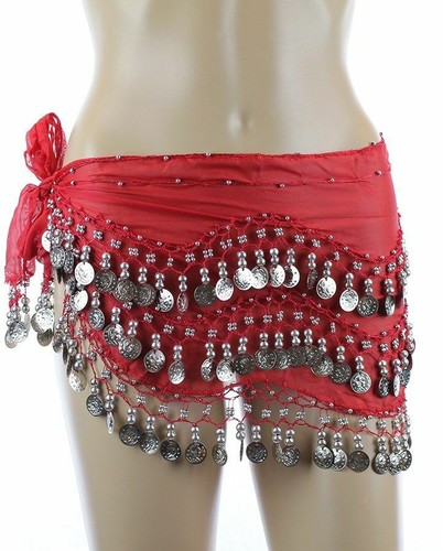 Women's Belly Dance Skirt Costume Belt Skirt Hip Wrap Skirt Silver Coin Scarf US - Picture 11 of 23