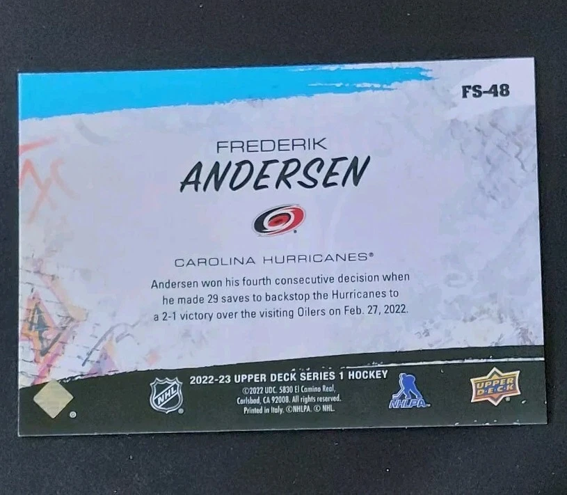 2022-23 Upper Deck Series 1 Frederik Andersen FreeStyles Card #FS48. Carolina  - Image 2 of 2